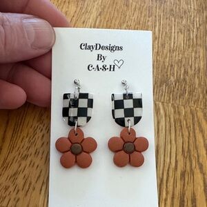 Checkered and clay Flower Earrings
